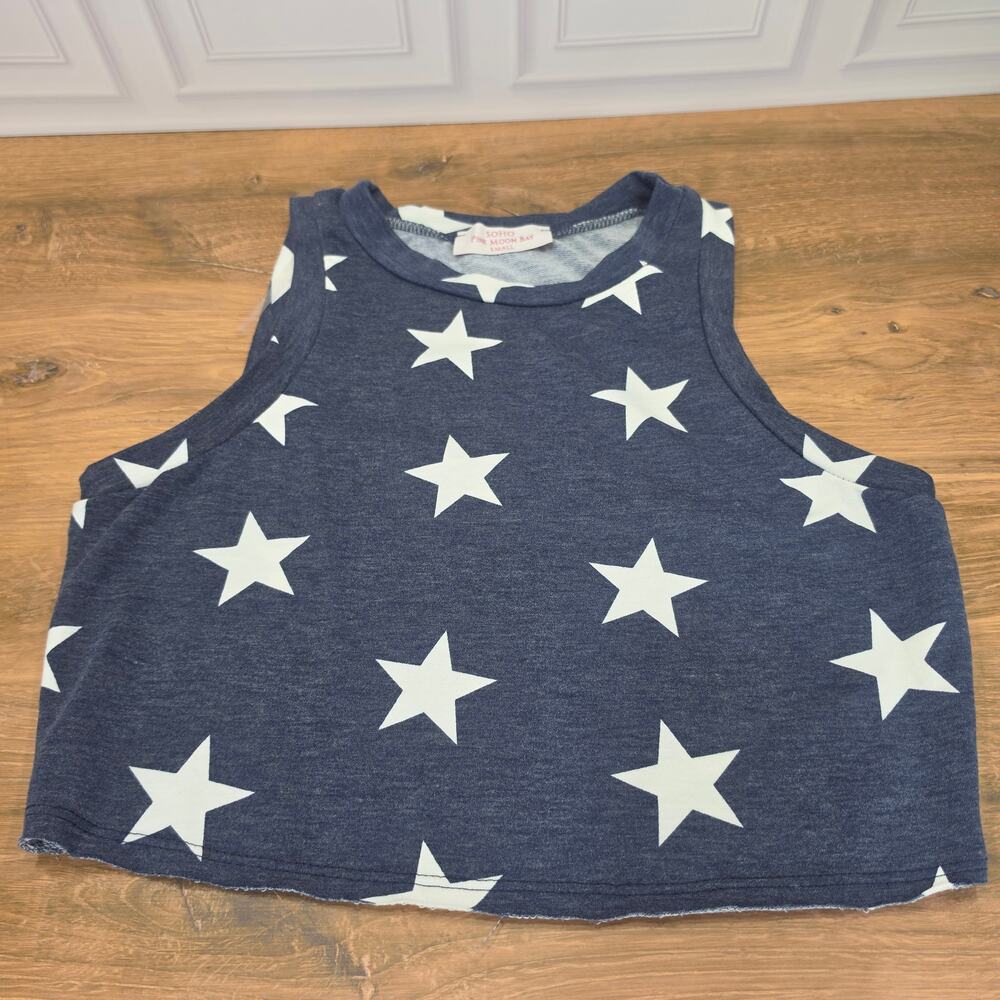 Soho Pink Moon Bay Navy Blue White Star Crop Tank Top Small